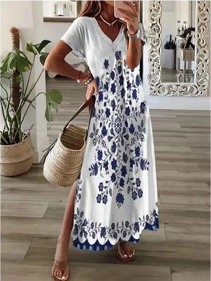Women’s V-Neck Maxi Dress – Casual Solid Color with Pockets