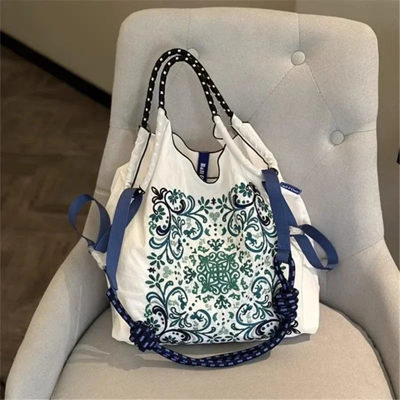 Women’s Japanese Style Embroidered Nylon Shoulder Bag – Large Capacity