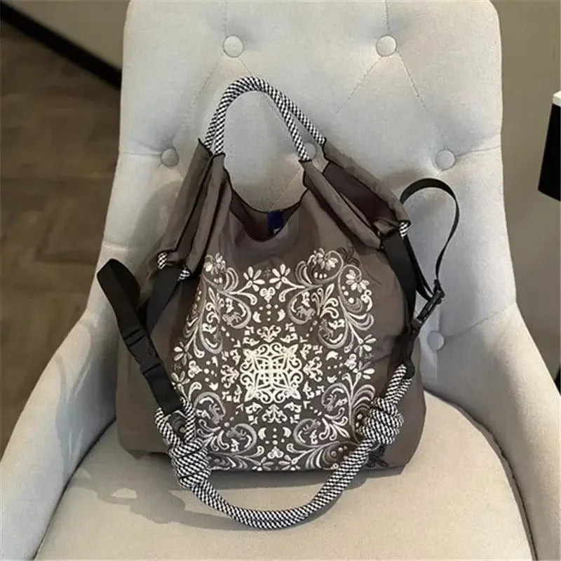 Women’s Japanese Style Embroidered Nylon Shoulder Bag – Large Capacity
