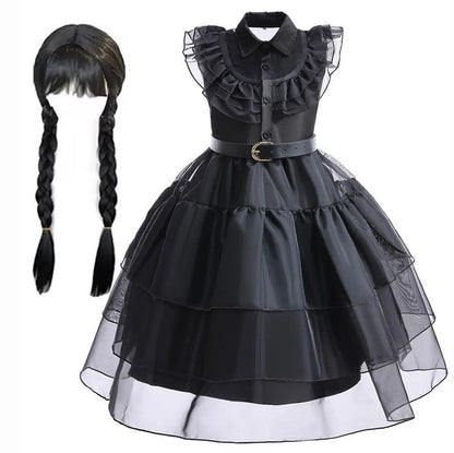 Halloween Hot American TV Series Black Wen. Girl Cosplay Horror Dress Set Easter Party Clothing +Fake hands + Sock Set 3-10Y