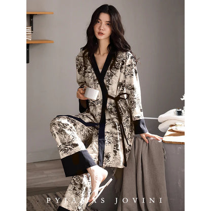 Women’s 3-Piece Cotton Pajama Set – Long Sleeve Kimono Nightgown