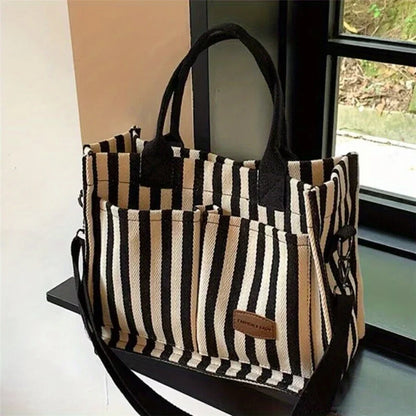 Women’s Striped Canvas Shoulder Bag – Trendy Large Capacity Crossbody Tote