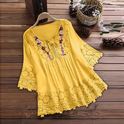 Women’s Summer V-Neck Blouse – Lace Patchwork with Bow