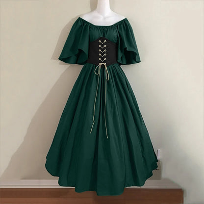 Halloween Costumes for Women Medieval Retro Contrasting Color Slim Swing Dress One-word Shoulder Dress Love Live Cosplay