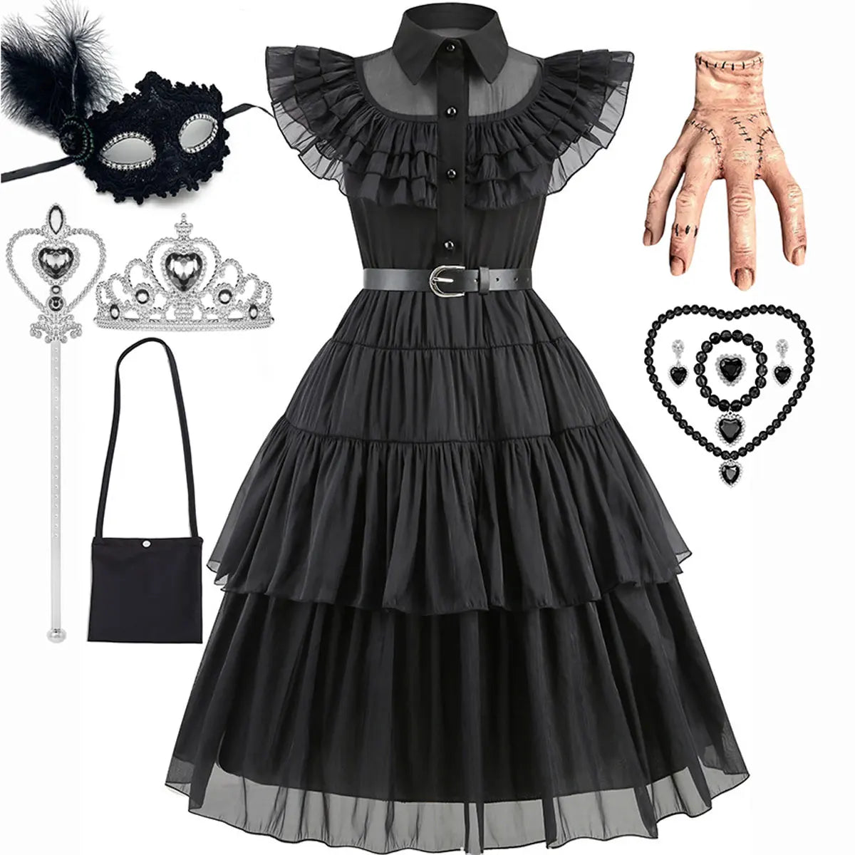 Halloween Hot American TV Series Black Wen. Girl Cosplay Horror Dress Set Easter Party Clothing +Fake hands + Sock Set 3-10Y