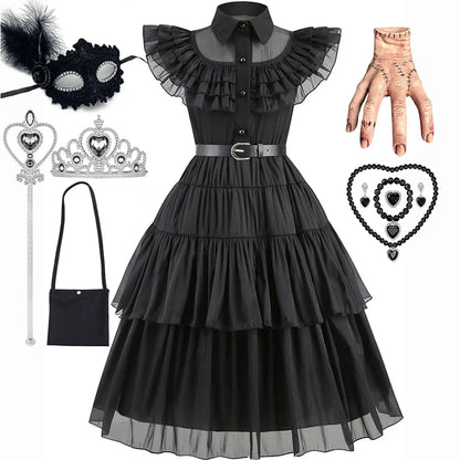 Halloween Hot American TV Series Black Wen. Girl Cosplay Horror Dress Set Easter Party Clothing +Fake hands + Sock Set 3-10Y