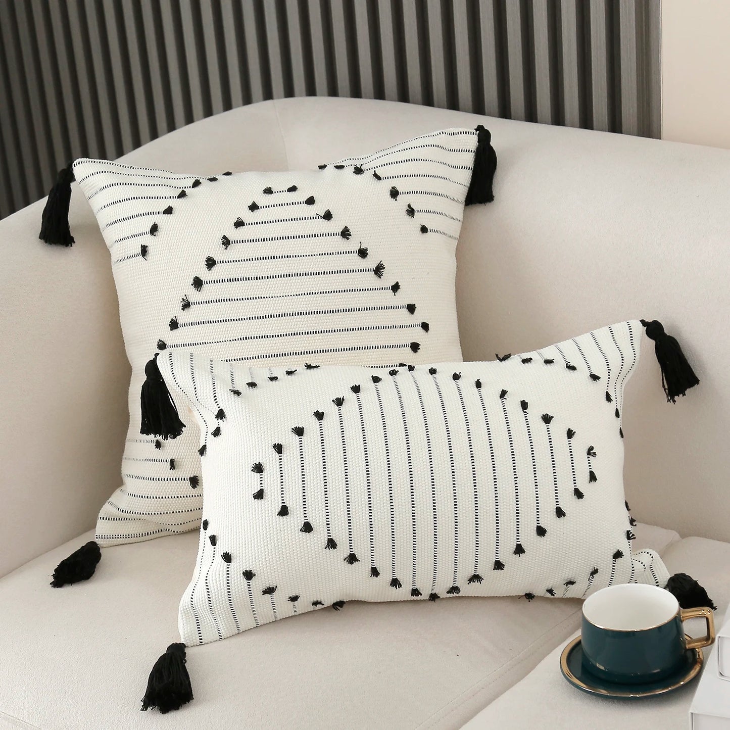 Striped Pillow Cover with Tassels  Woven Lumbar