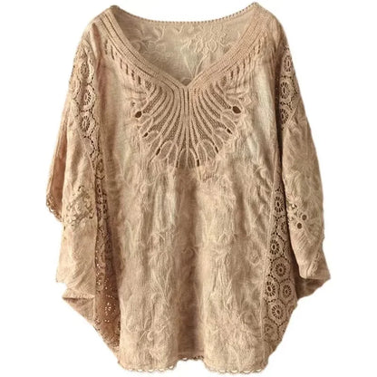Women’s Cotton Batwing Sleeve Loose T-Shirt – Hollow Out Top
