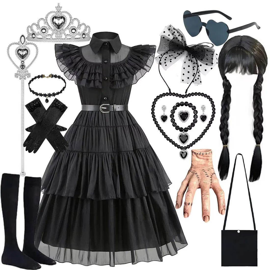 Halloween Hot American TV Series Black Wen. Girl Cosplay Horror Dress Set Easter Party Clothing +Fake hands + Sock Set 3-10Y