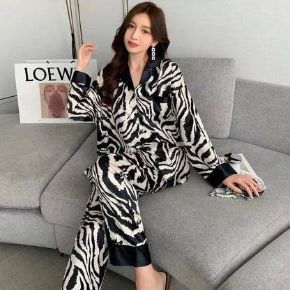 Women’s Satin Pajama Set – Luxury Long Sleeve Zebra Stripe Sleepwear