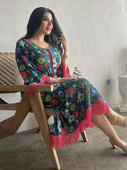 Women’s Floral Abaya Kaftan Dress – Eid Ramadan Party Gown