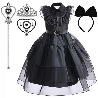 Halloween Hot American TV Series Black Wen. Girl Cosplay Horror Dress Set Easter Party Clothing +Fake hands + Sock Set 3-10Y