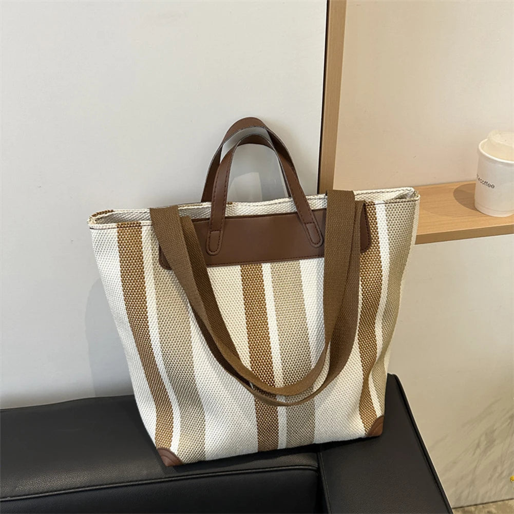 Women’s Striped Canvas Hobo Shoulder Bag – Zipper Bucket Tote for Daily & Travel Use