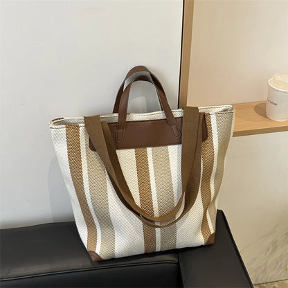 Women’s Striped Canvas Hobo Shoulder Bag – Zipper Bucket Tote for Daily & Travel Use