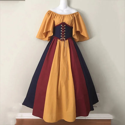 Halloween Costumes for Women Medieval Retro Contrasting Color Slim Swing Dress One-word Shoulder Dress Love Live Cosplay