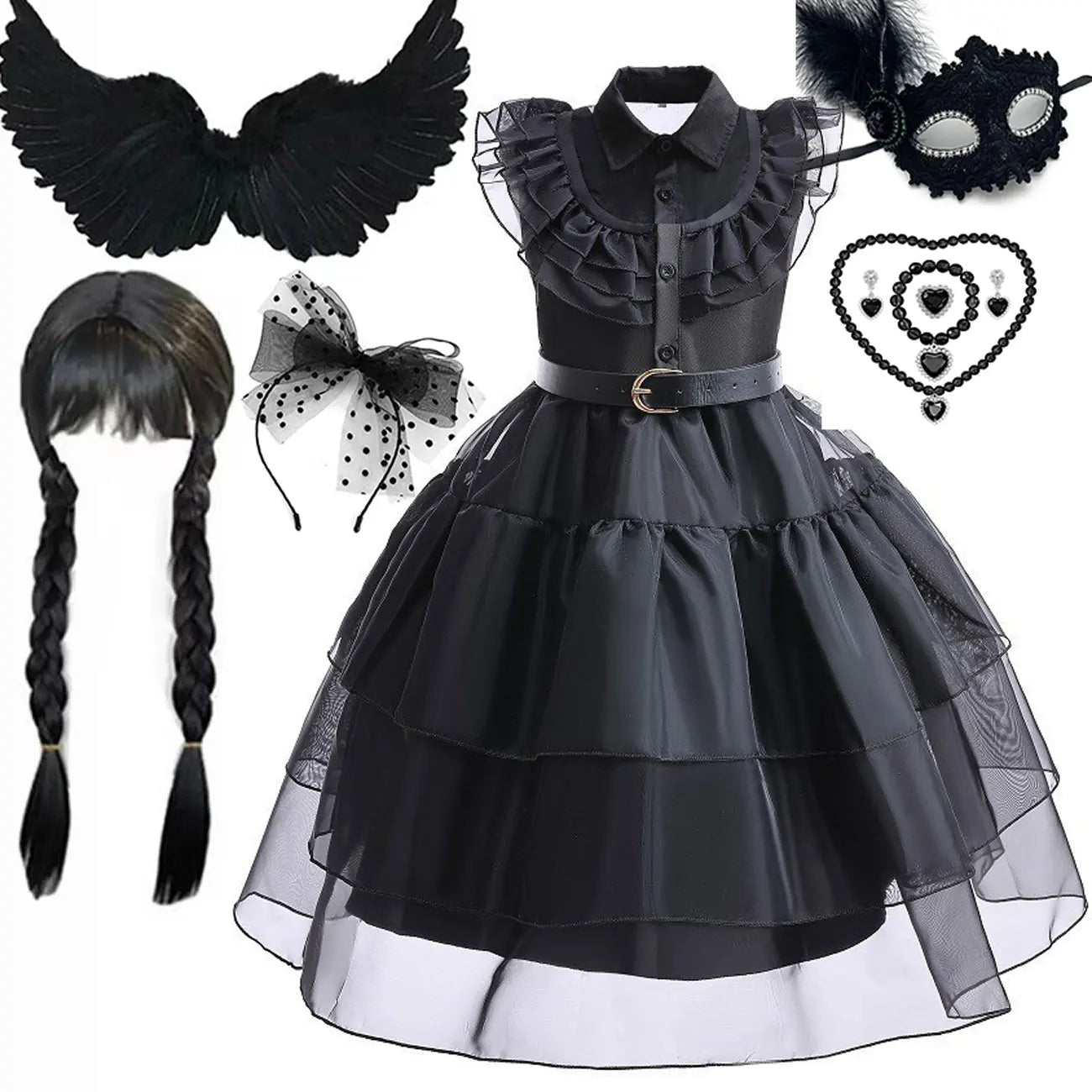Halloween Hot American TV Series Black Wen. Girl Cosplay Horror Dress Set Easter Party Clothing +Fake hands + Sock Set 3-10Y