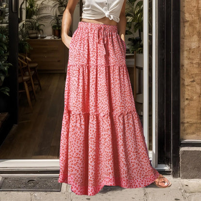 Women’s Boho Chiffon High-Waist Skirt – Long Swing with Pockets & Lace-Up