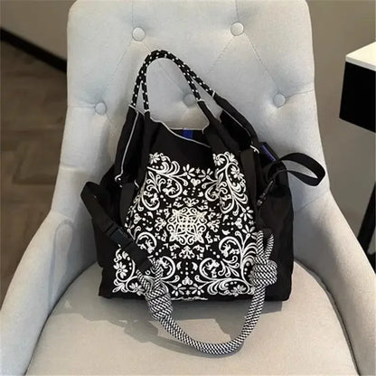 Women’s Japanese Style Embroidered Nylon Shoulder Bag – Large Capacity