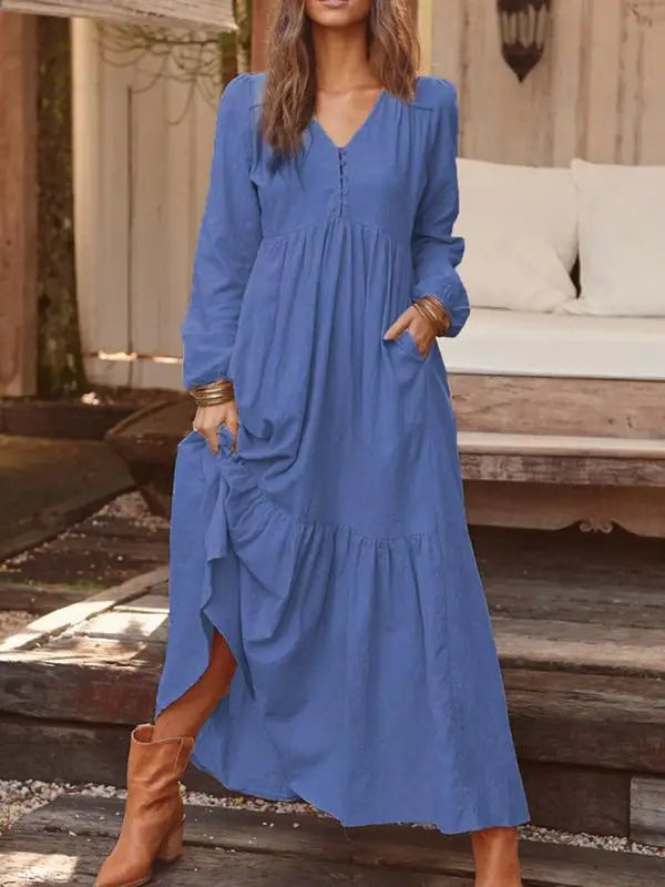 Women’s Cotton Linen Button-Up Dress – Retro Long Sleeve Casual