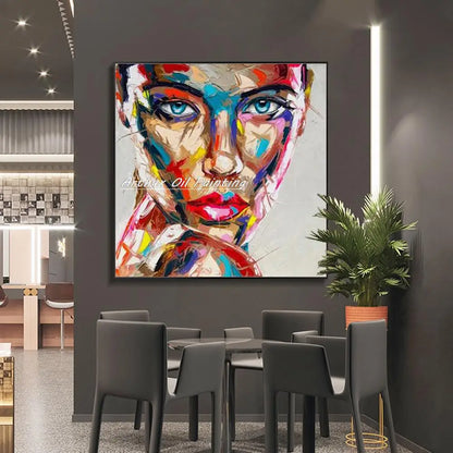 Hand-Painted Abstract Face Oil Painting on Canvas – Modern Wall Art for Living Room