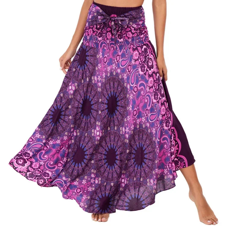 Women’s Boho Floral Long Skirt – Elastic Waist Casual Faldas