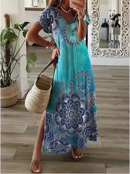 Women’s V-Neck Maxi Dress – Casual Solid Color with Pockets