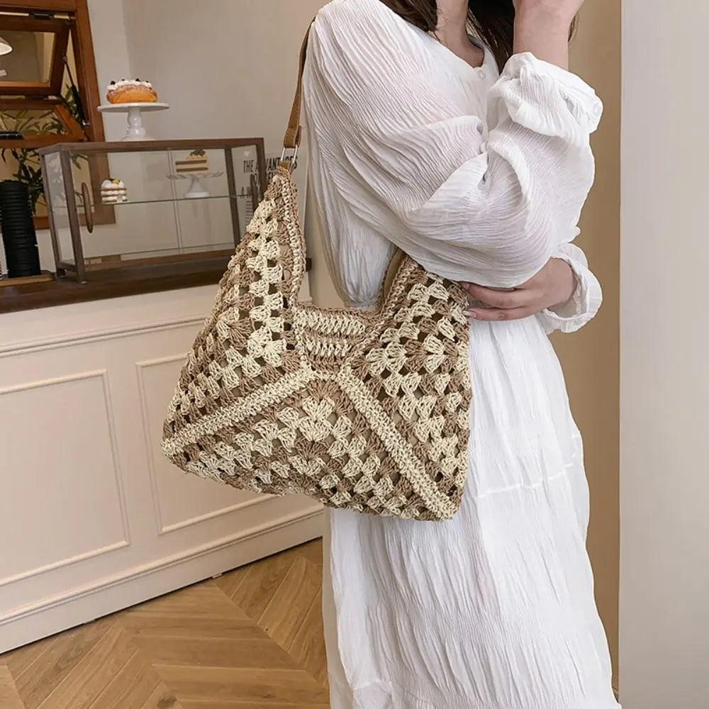 Women’s Summer Straw Crochet Shoulder Bag – Casual Beach Travel Handbag