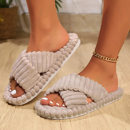 Women’s Corduroy Plush Indoor Slippers – Warm Autumn/Winter Soft Sole Slides