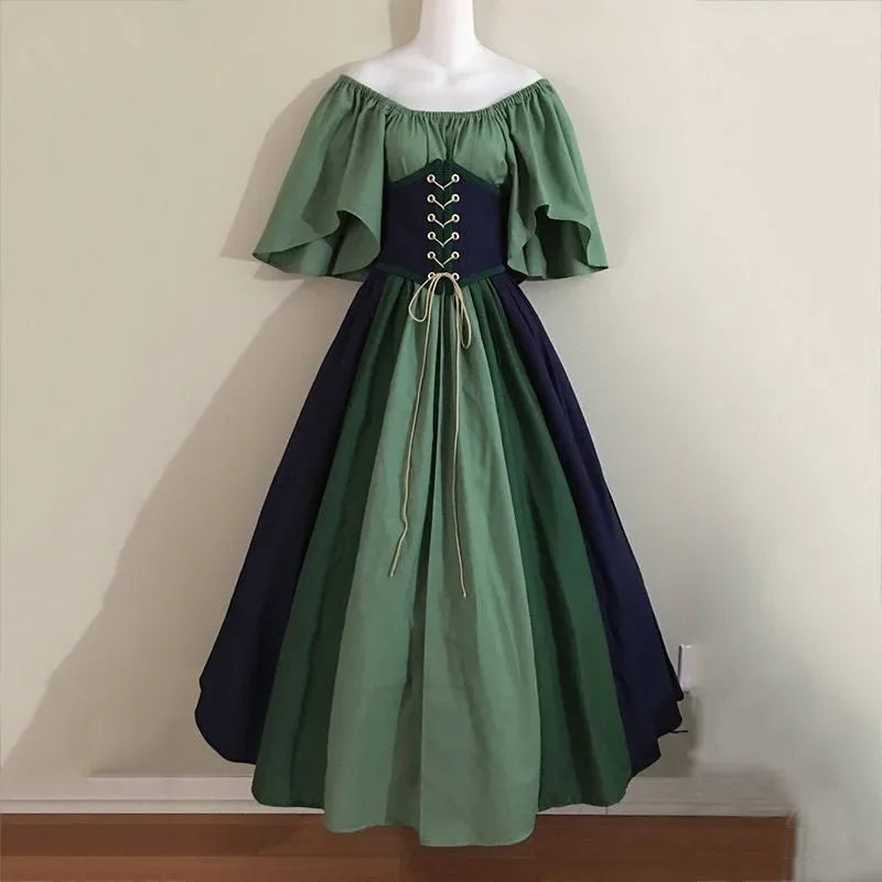 Halloween Costumes for Women Medieval Retro Contrasting Color Slim Swing Dress One-word Shoulder Dress Love Live Cosplay