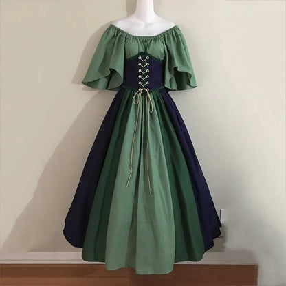 Halloween Costumes for Women Medieval Retro Contrasting Color Slim Swing Dress One-word Shoulder Dress Love Live Cosplay