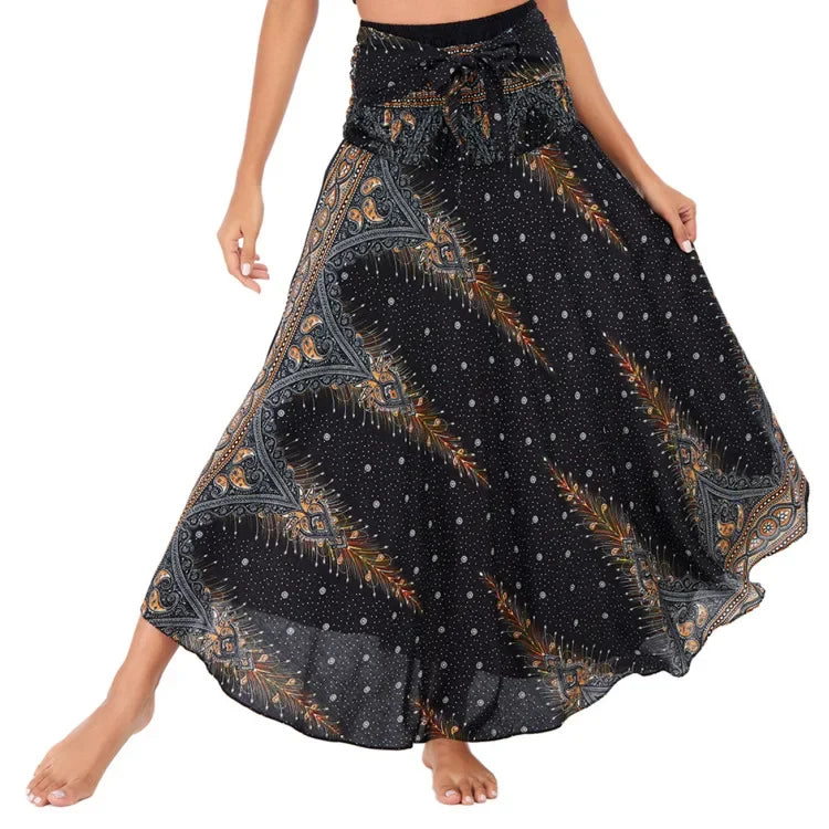 Women’s Boho Floral Long Skirt – Elastic Waist Casual Faldas