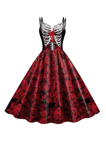 Halloween New Costumes for Women Skull Print Halter Dress Sleeveless Tunic Vintage Party Dresses Goth Clothes Masquerade Vestido