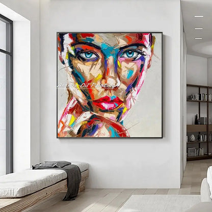 Hand-Painted Abstract Face Oil Painting on Canvas – Modern Wall Art for Living Room