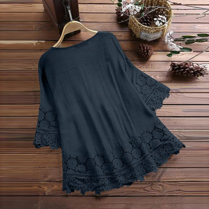 Women’s Summer V-Neck Blouse – Lace Patchwork with Bow