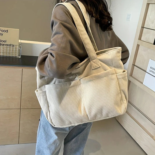 Women’s Corduroy Striped Tote Bag – Large Capacity Shoulder Handbag