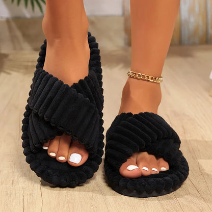 Women’s Corduroy Plush Indoor Slippers – Warm Autumn/Winter Soft Sole Slides