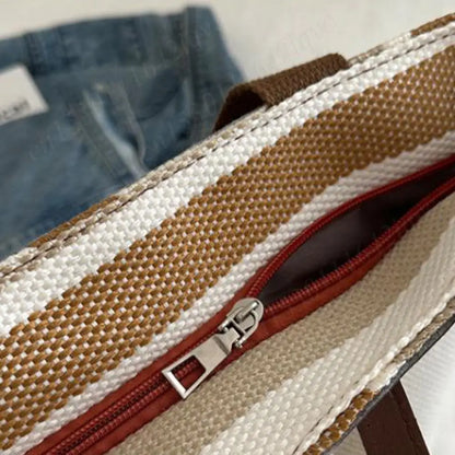Women’s Striped Canvas Hobo Shoulder Bag – Zipper Bucket Tote for Daily & Travel Use