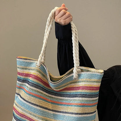 Women’s Rainbow Woven Tote Bag – Large Capacity
