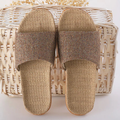 Home couple indoor slippers wooden floor cotton linen linen slippers home non-slip men and women thick bottom summer