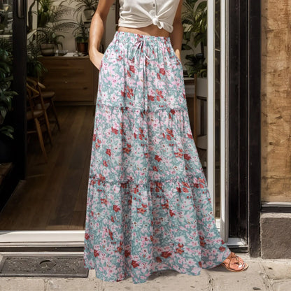 Women’s Boho Chiffon High-Waist Skirt – Long Swing with Pockets & Lace-Up