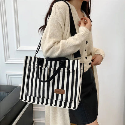 Women’s Striped Canvas Shoulder Bag – Trendy Large Capacity Crossbody Tote