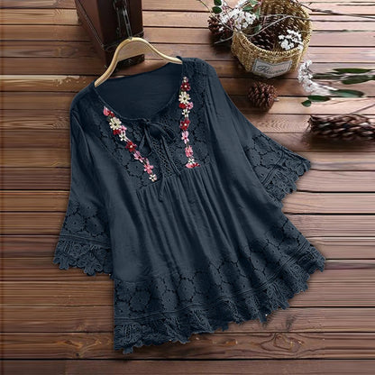 Women’s Summer V-Neck Blouse – Lace Patchwork with Bow