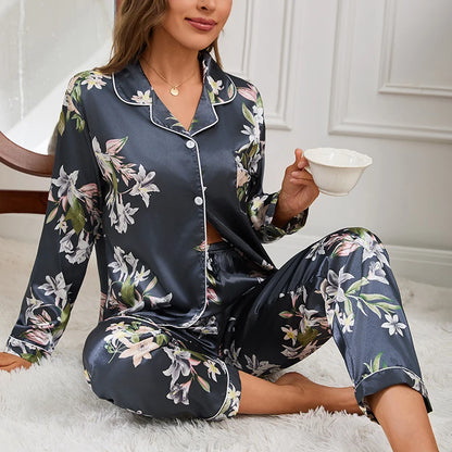 Women’s Satin Pajama Set – Long Sleeve Button-Up Top & Pants Loungewear