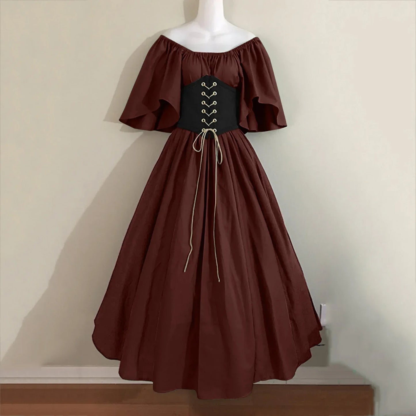 Halloween Costumes for Women Medieval Retro Contrasting Color Slim Swing Dress One-word Shoulder Dress Love Live Cosplay