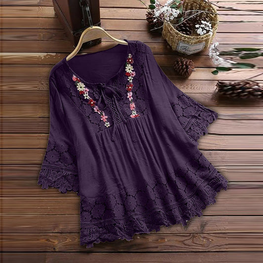 Women’s Summer V-Neck Blouse – Lace Patchwork with Bow