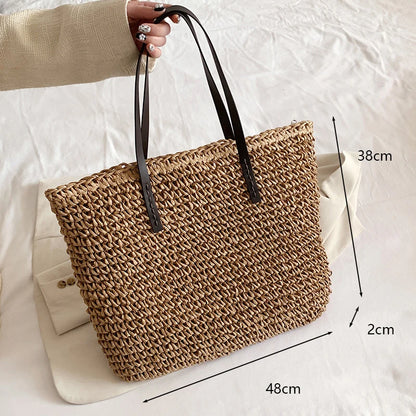 Fashion Straw Woven Large Capacity Shoulder Shopping Bag Women Vacation Beach Handbag Purse Bohemia Rattan Knitted Tote For Lady