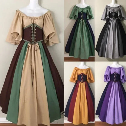 Halloween Costumes for Women Medieval Retro Contrasting Color Slim Swing Dress One-word Shoulder Dress Love Live Cosplay