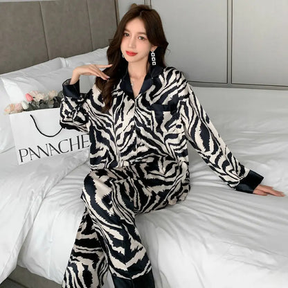 Women’s Satin Pajama Set – Luxury Long Sleeve Zebra Stripe Sleepwear