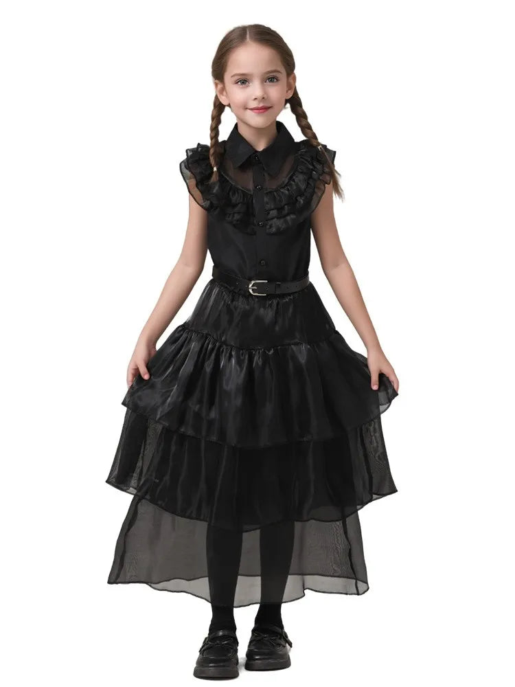 Halloween Hot American TV Series Black Wen. Girl Cosplay Horror Dress Set Easter Party Clothing +Fake hands + Sock Set 3-10Y