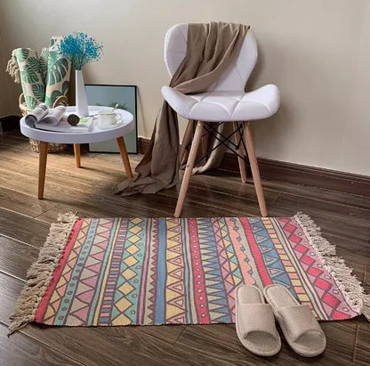 Boho Nordic Black White Geometric Cotton Linen Rug